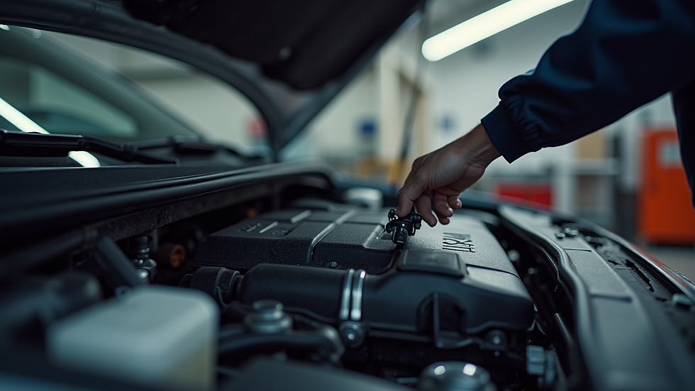 Close-up of car engine being inspected in a garage