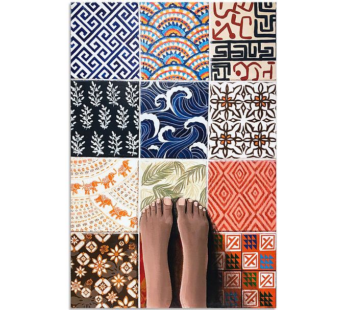 Bliss. Joy, Feet Painting. Textiles print, tiles, Acrylic on canvas. Abstract art