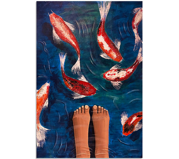 Bliss. zen, Feet Painting. Koi fish painting. Acrylic on canvas. Abstract art