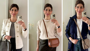 Collage of three outfits for midlife women: pleated trousers with blazer and flats, slip skirt with knit and trainers, and blue jeans with a white tee and statement jacket - styled to illustrate midlife outfit formulas.