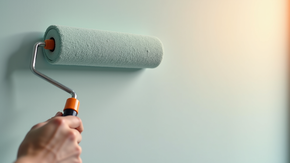 Close-up view of a roller applying paint on a smooth interior wall