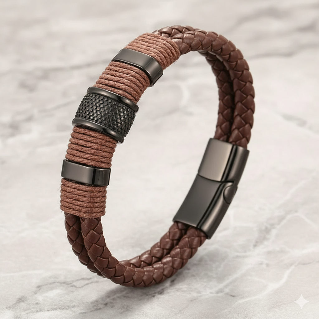 Brazalete Hilado Cafe con Negro | Piel Acero Inoxidable