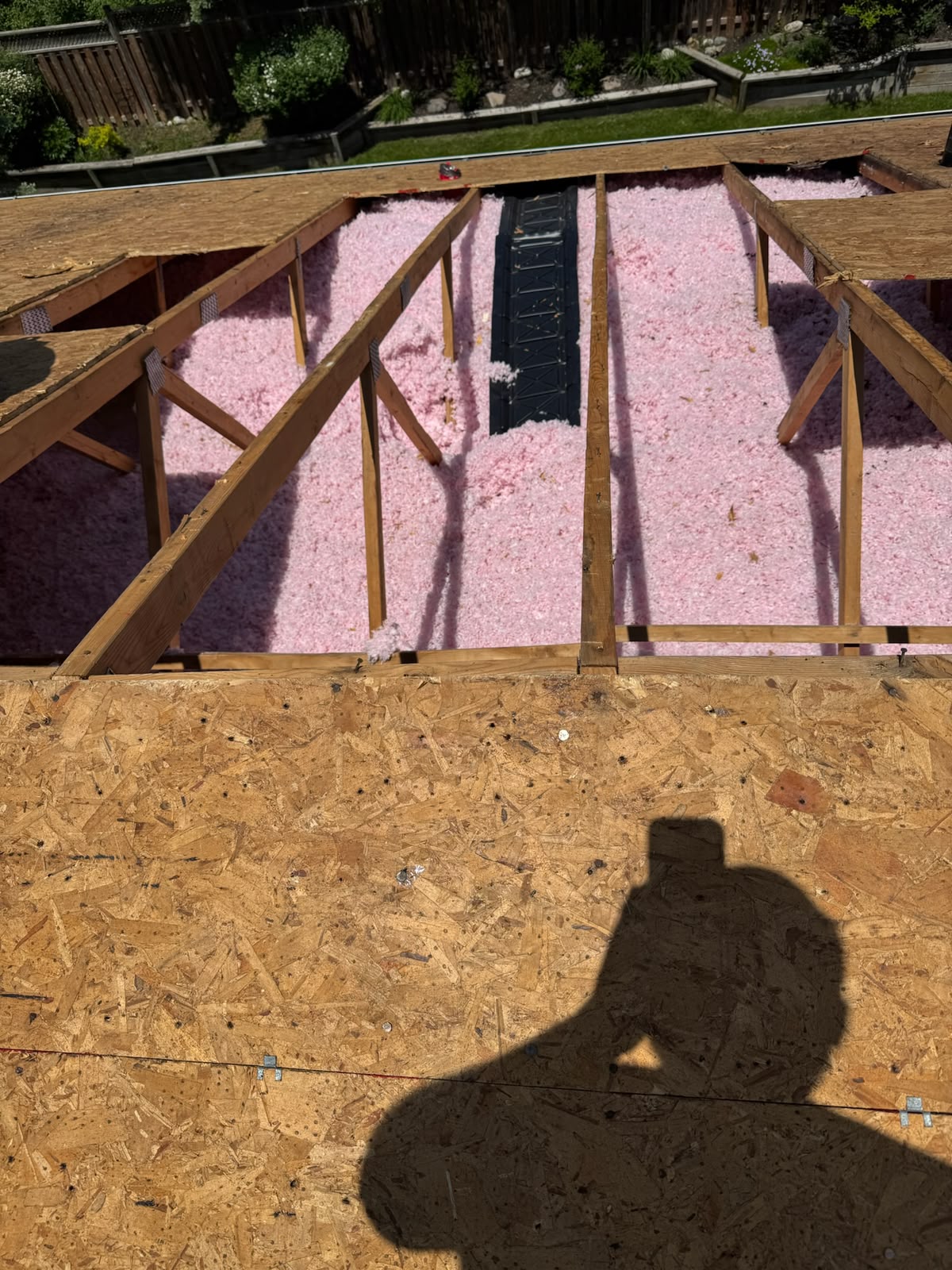 Pink insulation beneath open roof framing
