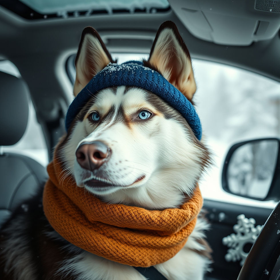 Husky mit Schal und Mütze