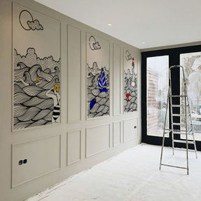 Fresque en triptyque Au Fil de l'Eau : Les Baigneuses, La Pêche au gros, Le Phare des Baleine - Atelier 05 par Monia Dumond