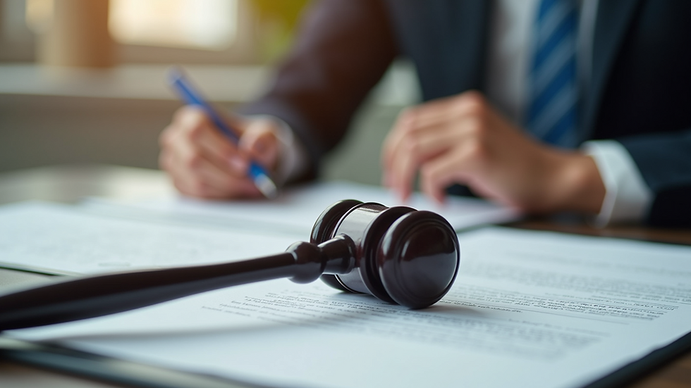 Close-up view of legal documents and a gavel on a desk