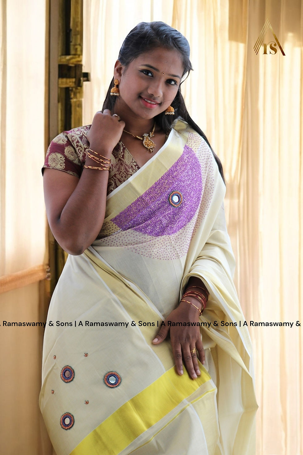 Thumbnail: Handwork Tissue Saree Premium Hand Work Purple   _ Kerala saree 6.25mtr