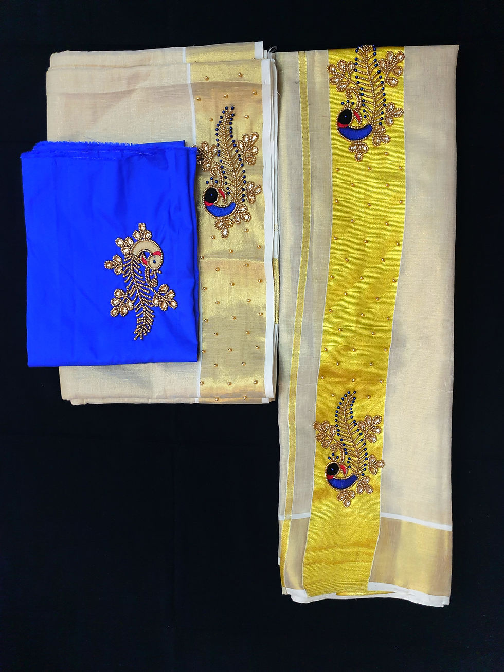 Thumbnail: Kuthampully Tissue Handwork Set Mundu With Blouse