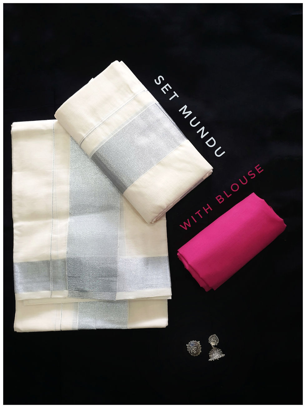 Thumbnail: Kuthampully Womens Cotton Silver kara Set Mundu with Blouse Material