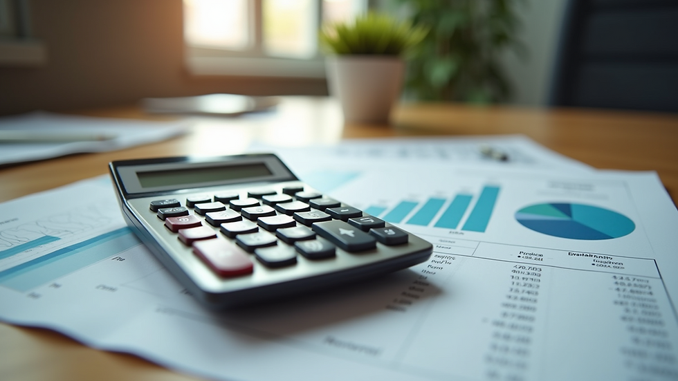 Eye-level view of a calculator and financial documents on a wooden table