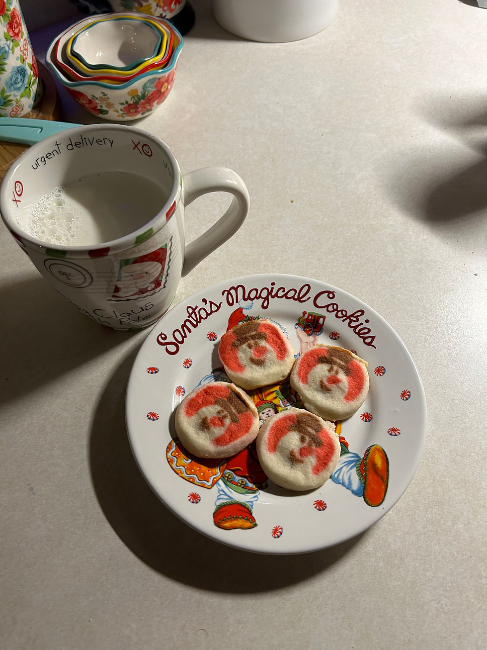 Cookies with Santa faces on a plate labeled "Santa's Magical Cookies" beside a mug of milk. Festive kitchen setting.