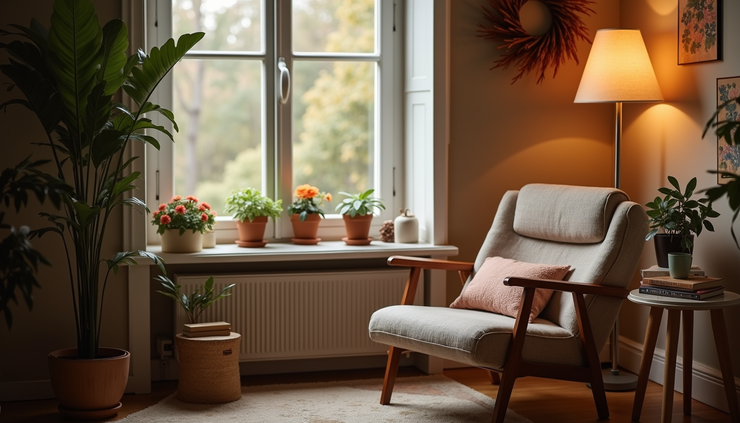 Eye-level view of a cozy reading nook with soft lighting and a comfortable chair