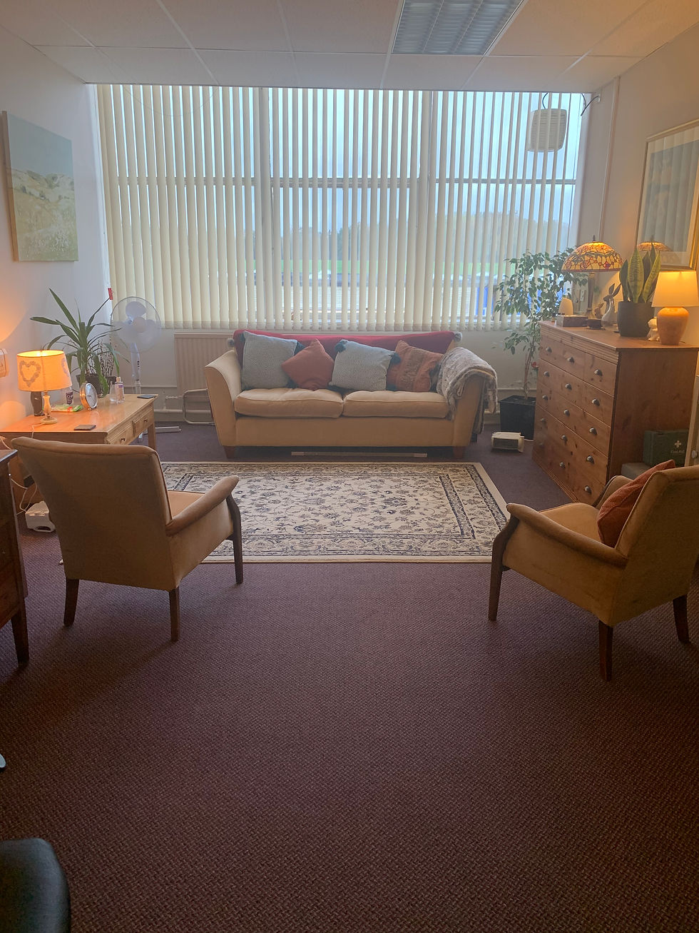 Eye-level view of a cozy counselling room with soft lighting and comfortable chairs