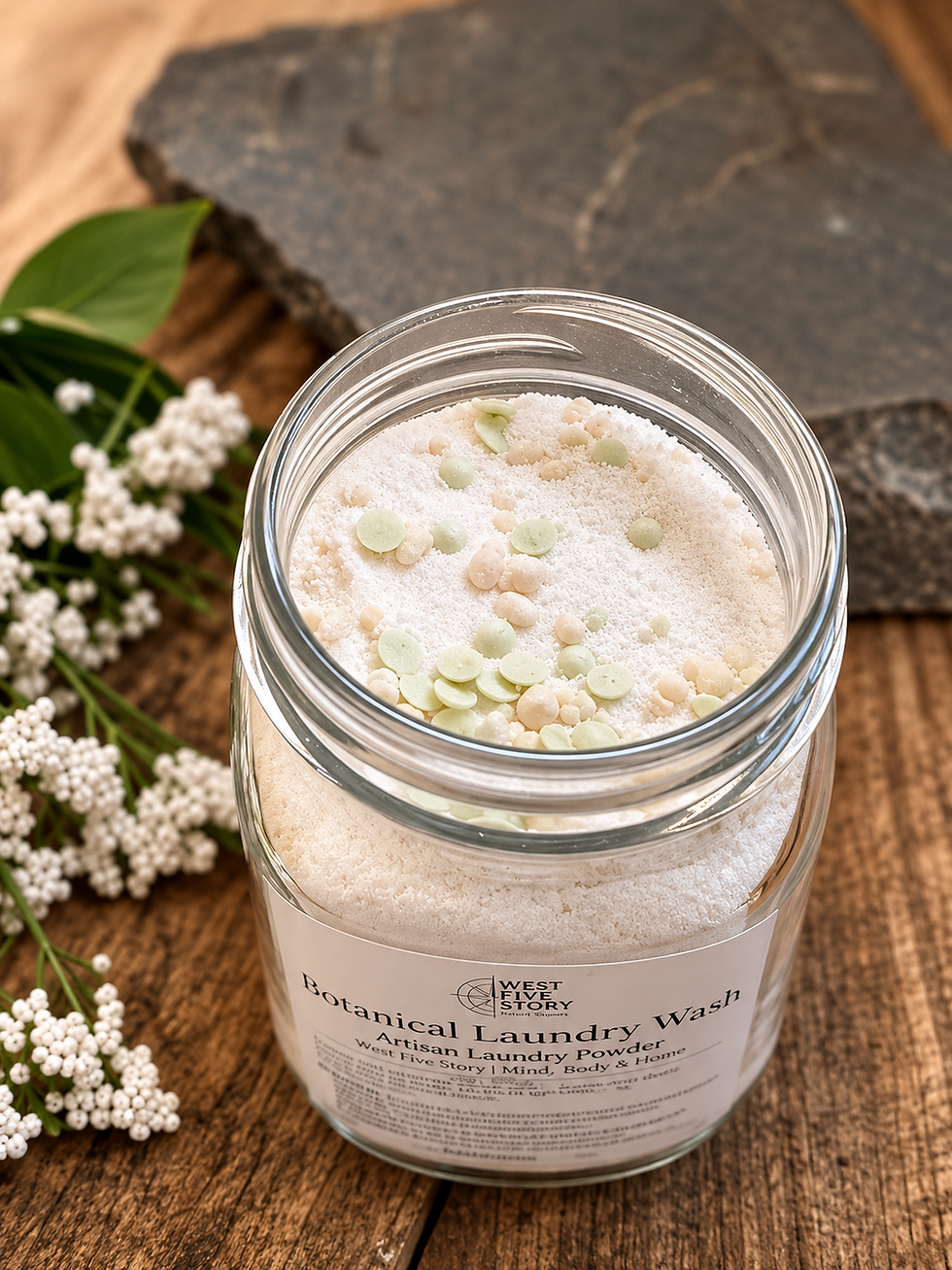 Thumbnail: * West Five Story product photography showing a glass mason jar of Botanical Laundry Wash with a custom label featuring the W
