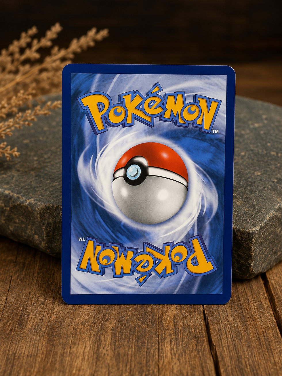 Back of a Pokémon trading card showing the classic blue swirl and Pokémon logo, resting on a dark stone block.