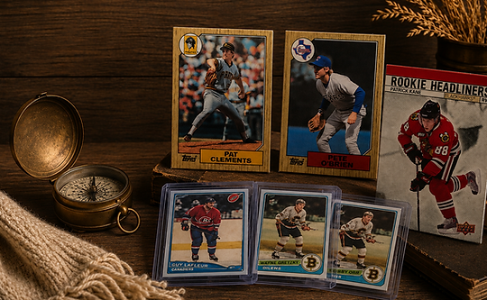 Curated vintage finds and collectibles from West Five Story, featuring vintage sports cards and a pocket compass on a wooden surface.