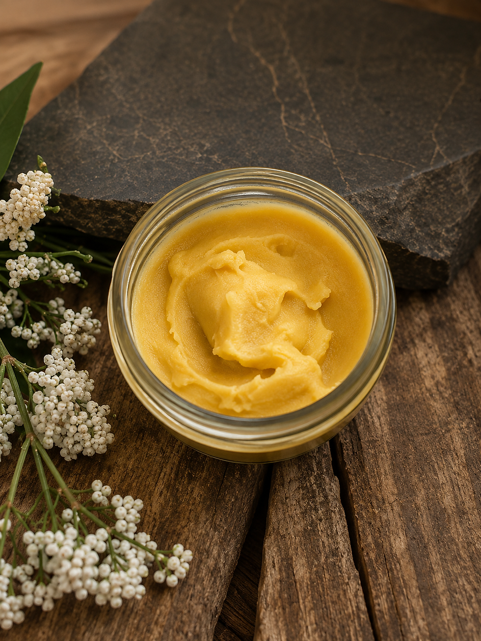 West Five Story product photography featuring a closed glass jar of Eczema Ease with a custom circular label, styled on a rus