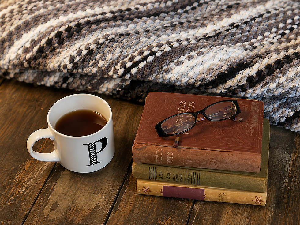 * West Five Story product photography featuring the Grey Storm Handmade Cuddle Blanket draped over a light-colored couch, wit
