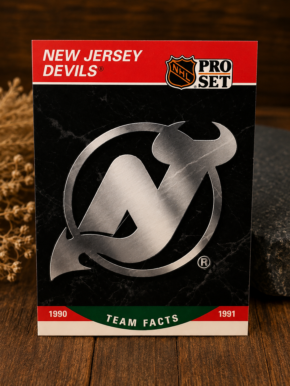 Product photography displaying the front and back of the 1990-91 Pro Set New Jersey Devils Team Facts #576 hockey card, stand