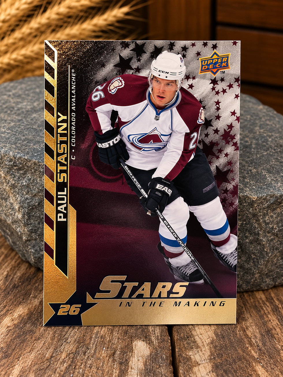 Front of the 2007-08 Upper Deck Series 2 "Stars in the Making" Paul Stastny insert card (#SM12) featuring Paul Stastny in his