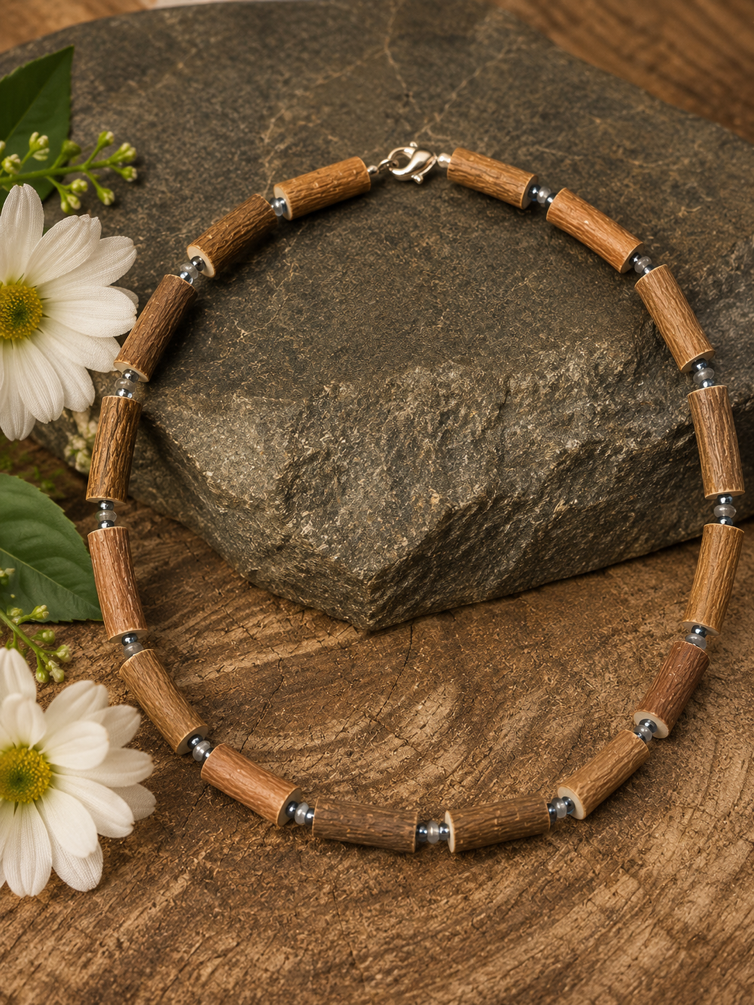 West Five Story product photography featuring a handcrafted hazelwood necklace with raw wood segments and accent beads, displ