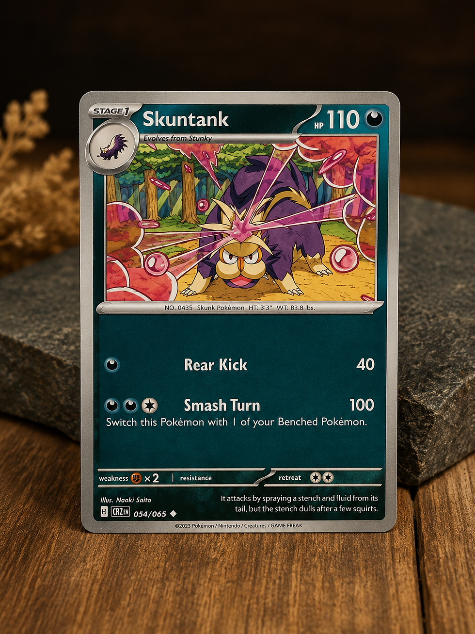 Front of the 2023 Crown Zenith Skuntank (#054/065) Pokémon card featuring the purple Skuntank character discharging pink toxi