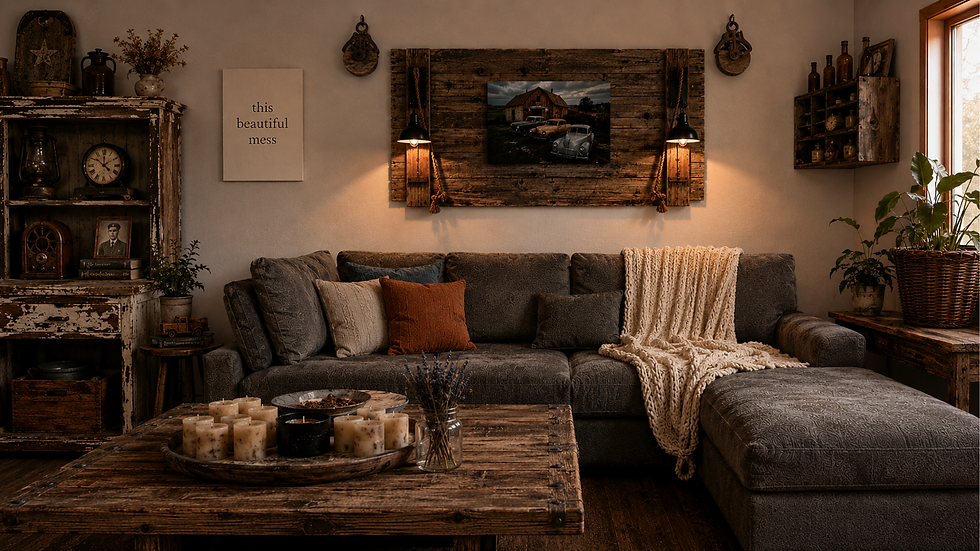 Cozy rustic living room backdrop for West Five Story featuring vintage decor and handmade textiles.