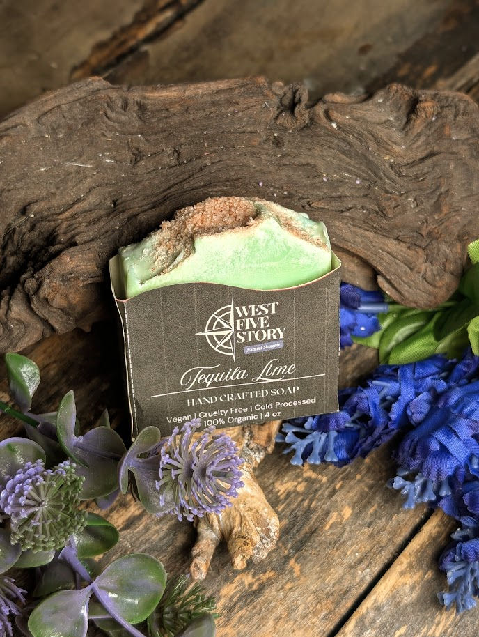 West Five Story Tequila Lime handcrafted soap bar in olive-toned packaging, featuring a green soap top with textur