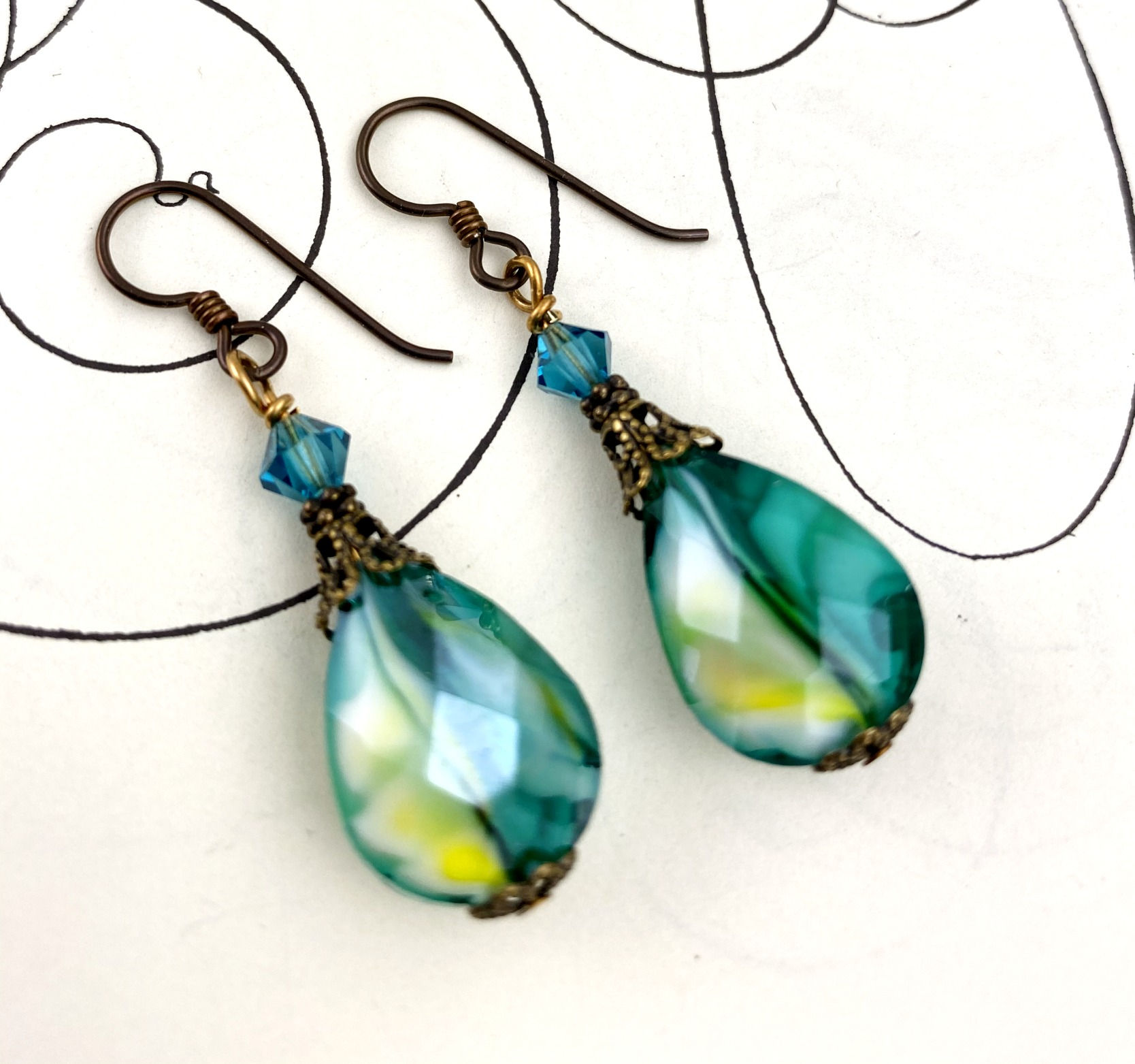 Green and Yellow Brass Vintage Style Earrings