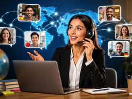 Profesional en videollamada para conseguir clientes internacionales como intérprete desde cualquier país