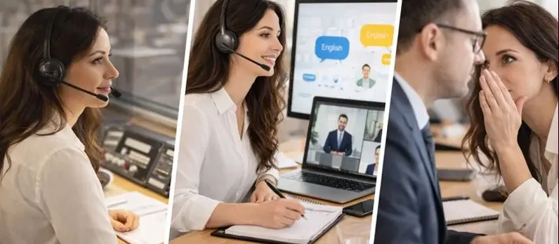 Tipos de interpretación simultánea: cabina, RSI (remota) y susurrada (chuchotage) — diferencias y cuándo usar cada una