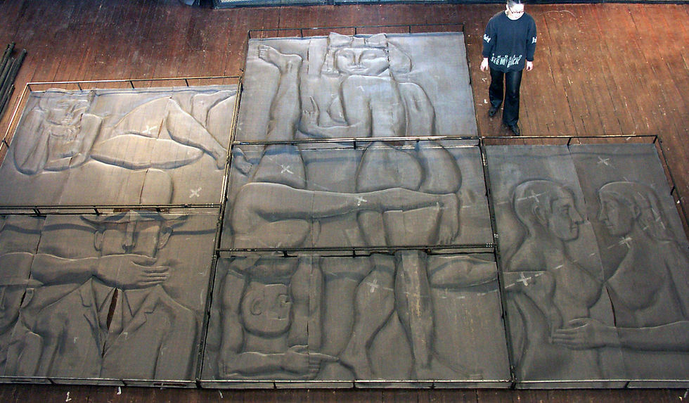 Installation of metal grid reliefs for the play directed by Yuri Lyubimov Go and Stop Progress! (OBERIU), 2004