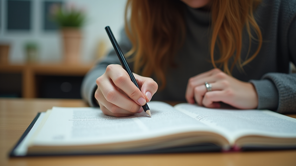 Eye-level view of a student reading a book with a pencil and notes on the desk