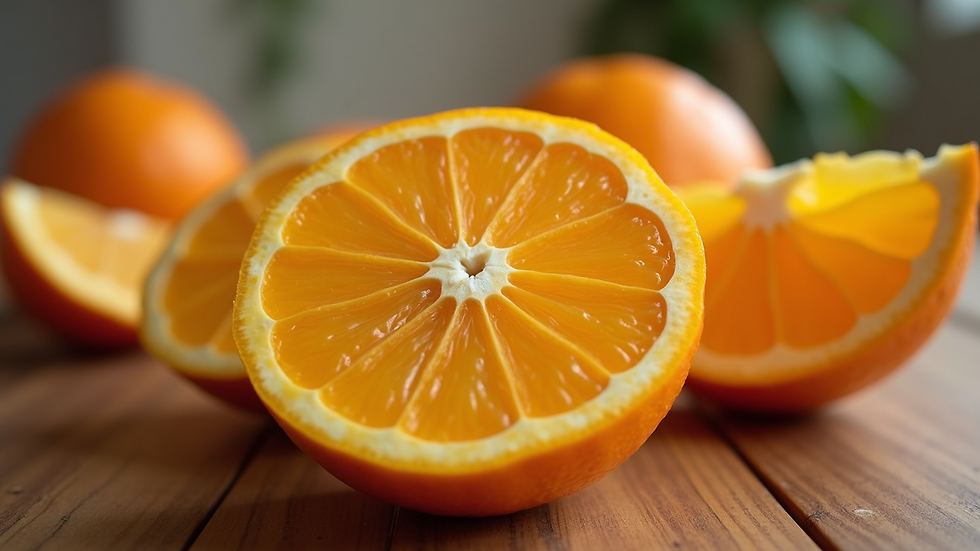 Close-up view of an orange sliced into segments on a wooden table