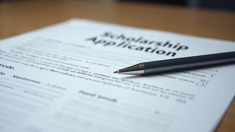 Close-up view of scholarship application forms and a pen on a table