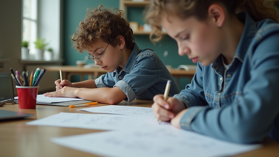 Eye-level view of a student working on math problems with a tutor