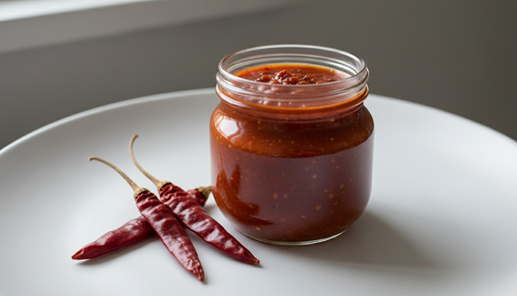 Zbliżenie na mały słoik ostrej czerwonej salsy obok suszonych Chile de Árbol.