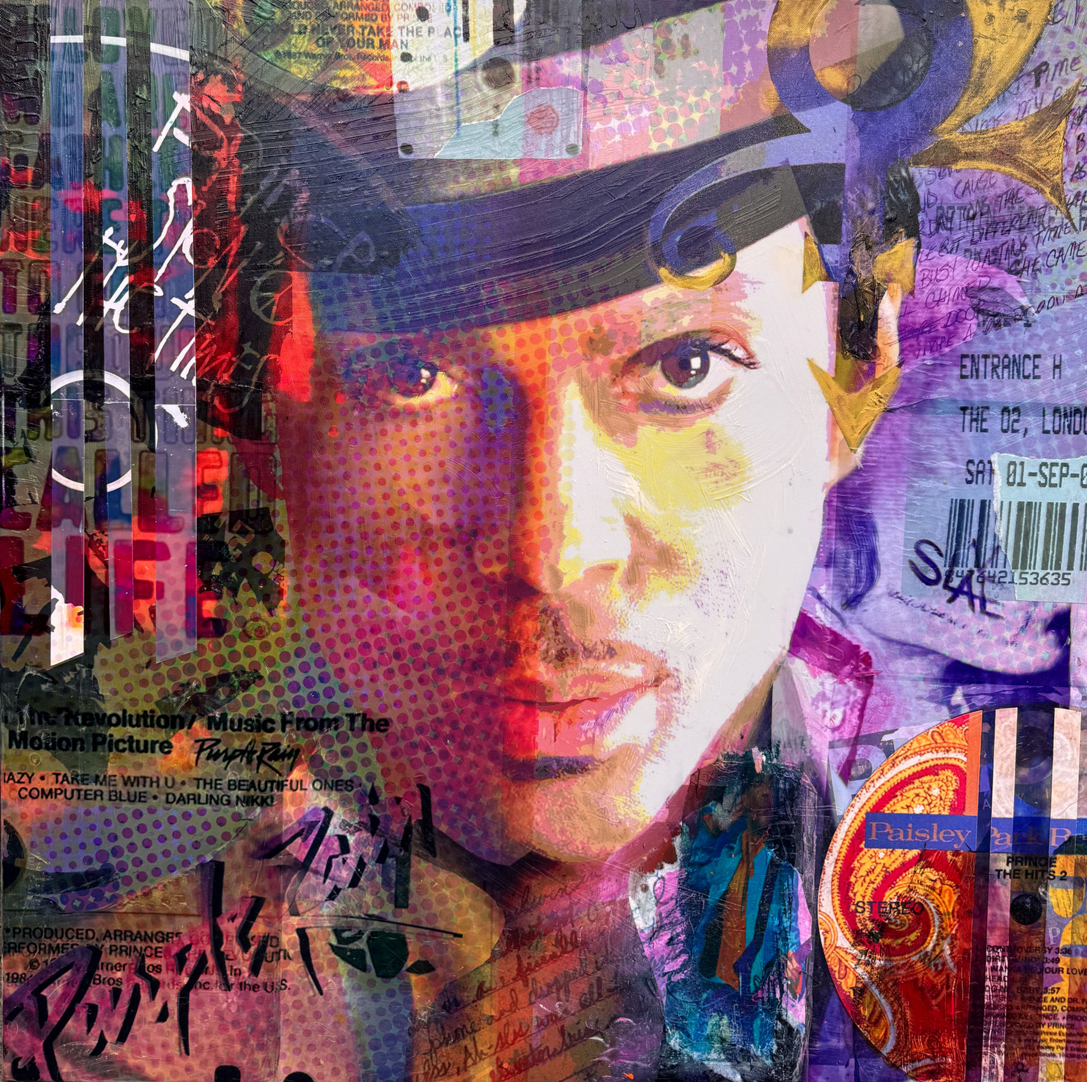 Prince 40 x 40cm original mixed media portrait artwork from the ICONS collection by Gill Storr