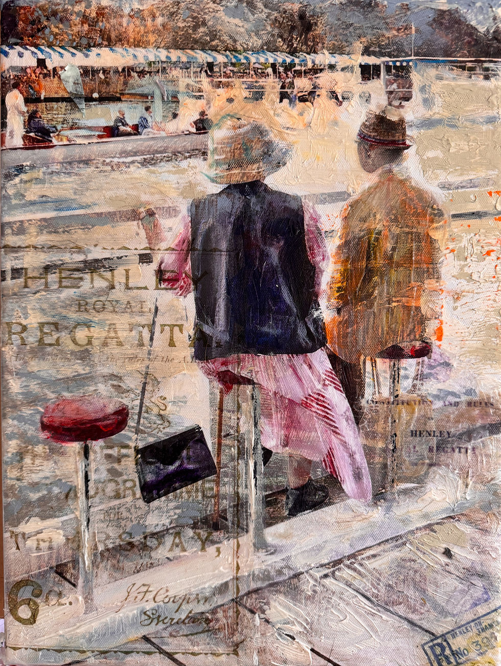 The Best View original mixed media painting by Gill Storr showing two people sitting at the water's edge watching rowing race