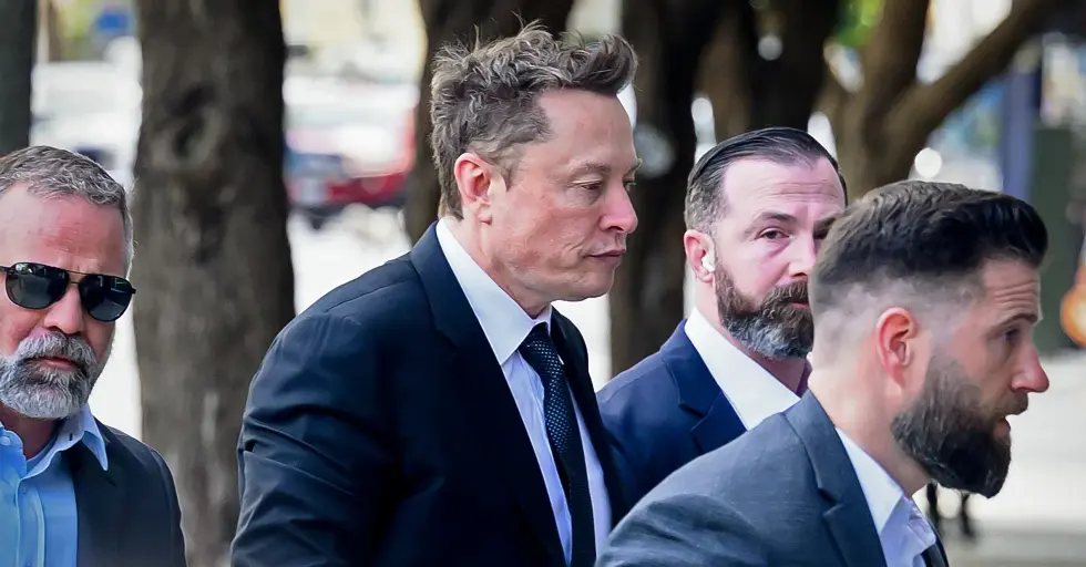 Elon Musk alongside a Twitter logo and courtroom imagery representing legal proceedings