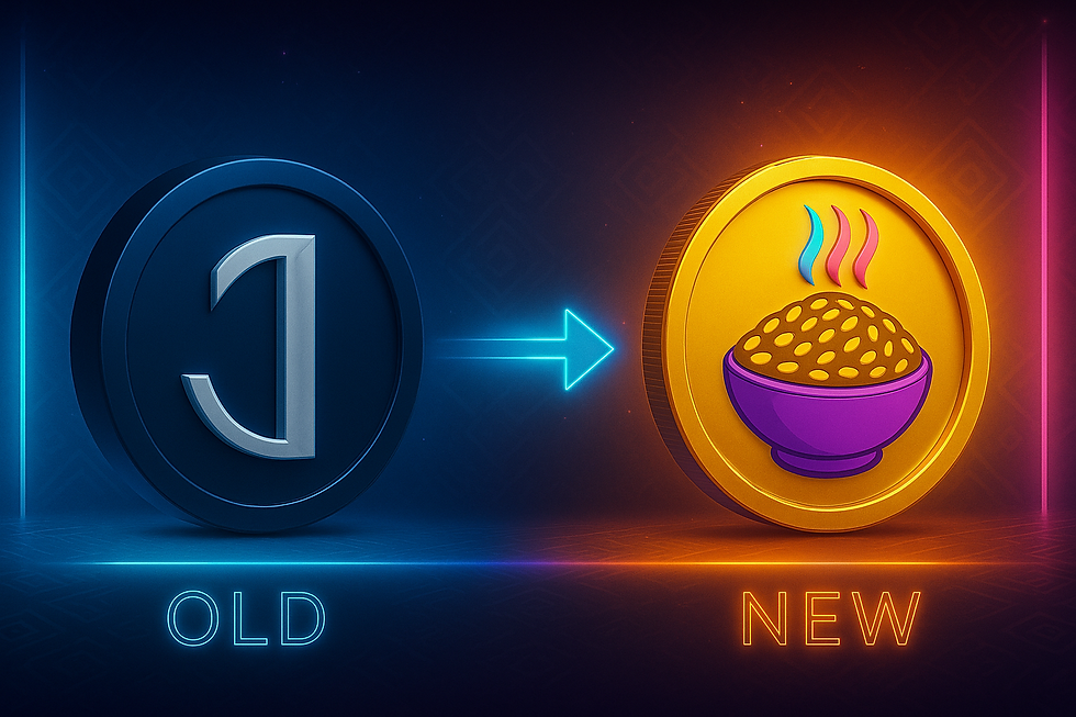 A futuristic digital artwork showing the transition from the old Jolofcoin logo — a metallic blue “J” — to the new golden coin featuring a steaming bowl of jollof rice. The image has glowing neon blue and orange effects symbolizing innovation, culture, and evolution from Jolofcoin 1.0 to Jolofcoin 2.0 (ERC-20).