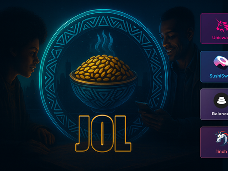Futuristic digital artwork of two people illuminated by a glowing bowl of Jollof rice, symbolizing Jolofcoin’s blend of African culture and crypto innovation, with neon blue and purple cyberpunk tones.