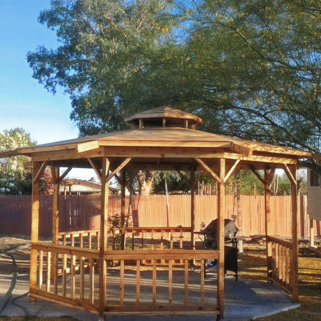 build gazebo, finish trim, covered porch, banister, rails, grill