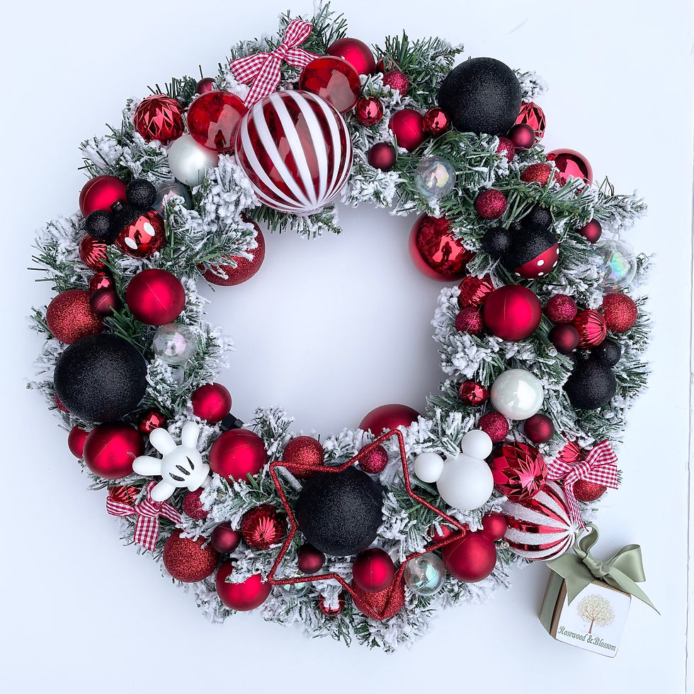 Thumbnail: Handmade Pre-Lit Snowy Mickey Mouse Red, White and Black Artificial Wreath