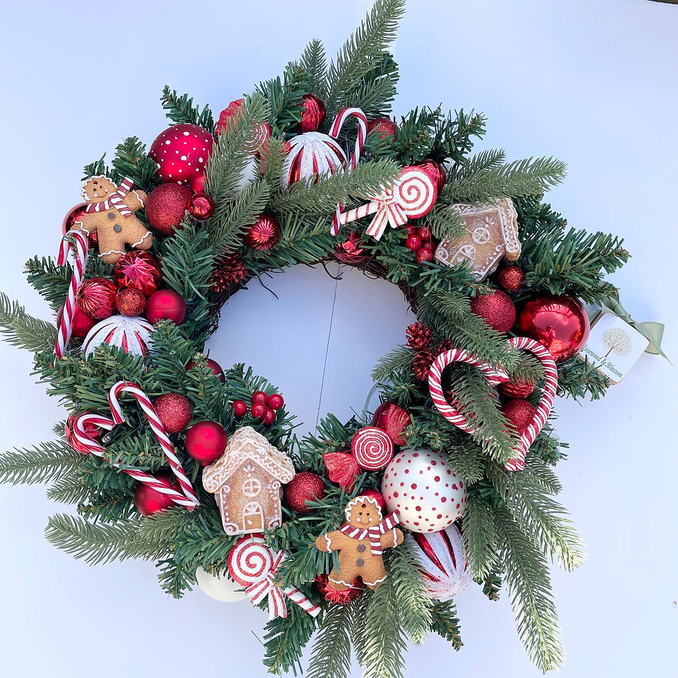 Thumbnail: Handmade Pre-lit Gingerbread, Candy Cane and Sweets Wreath.  