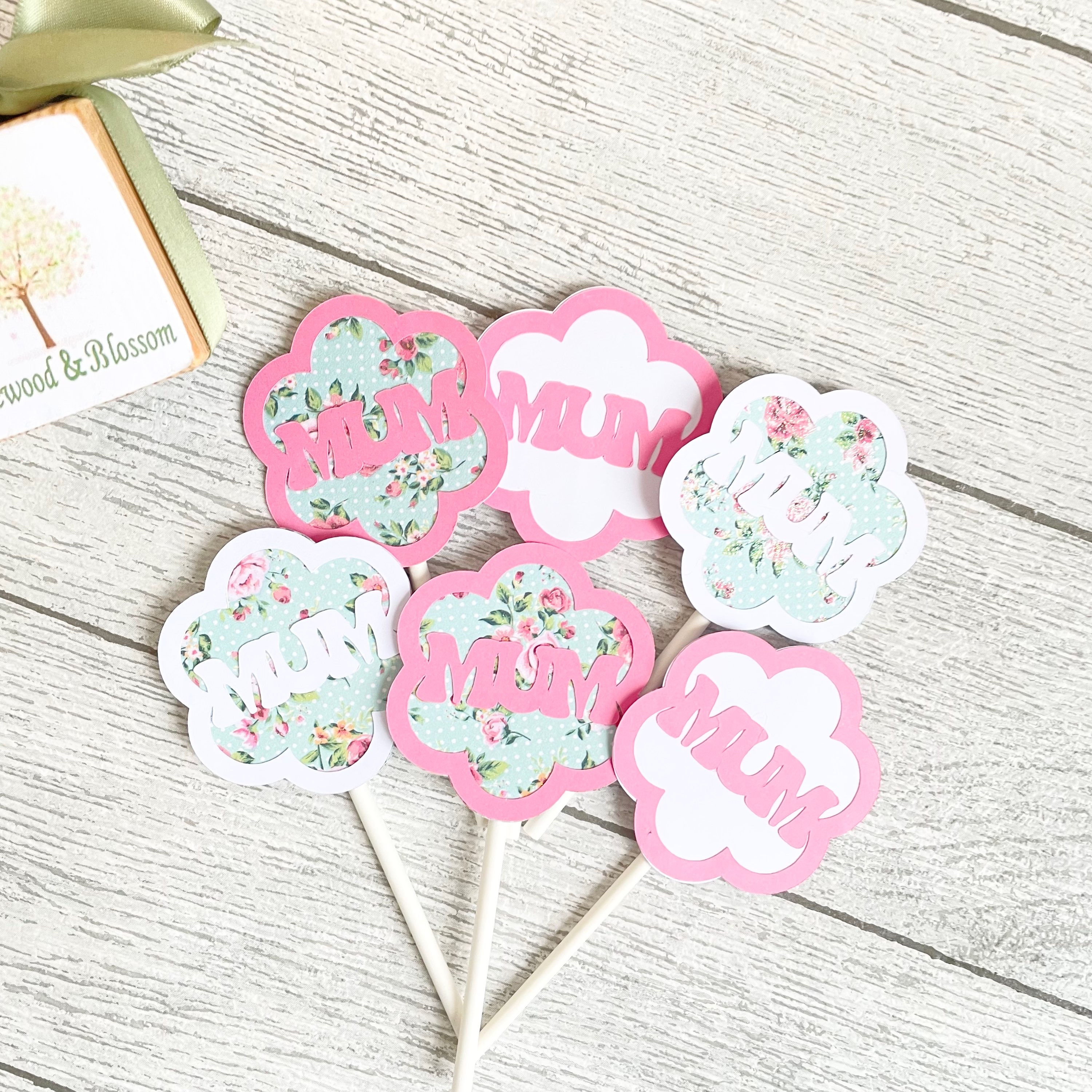 Set of 6 Handmade MUM Mother's Day or Birthday Food or Cupcake Toppers / Picks