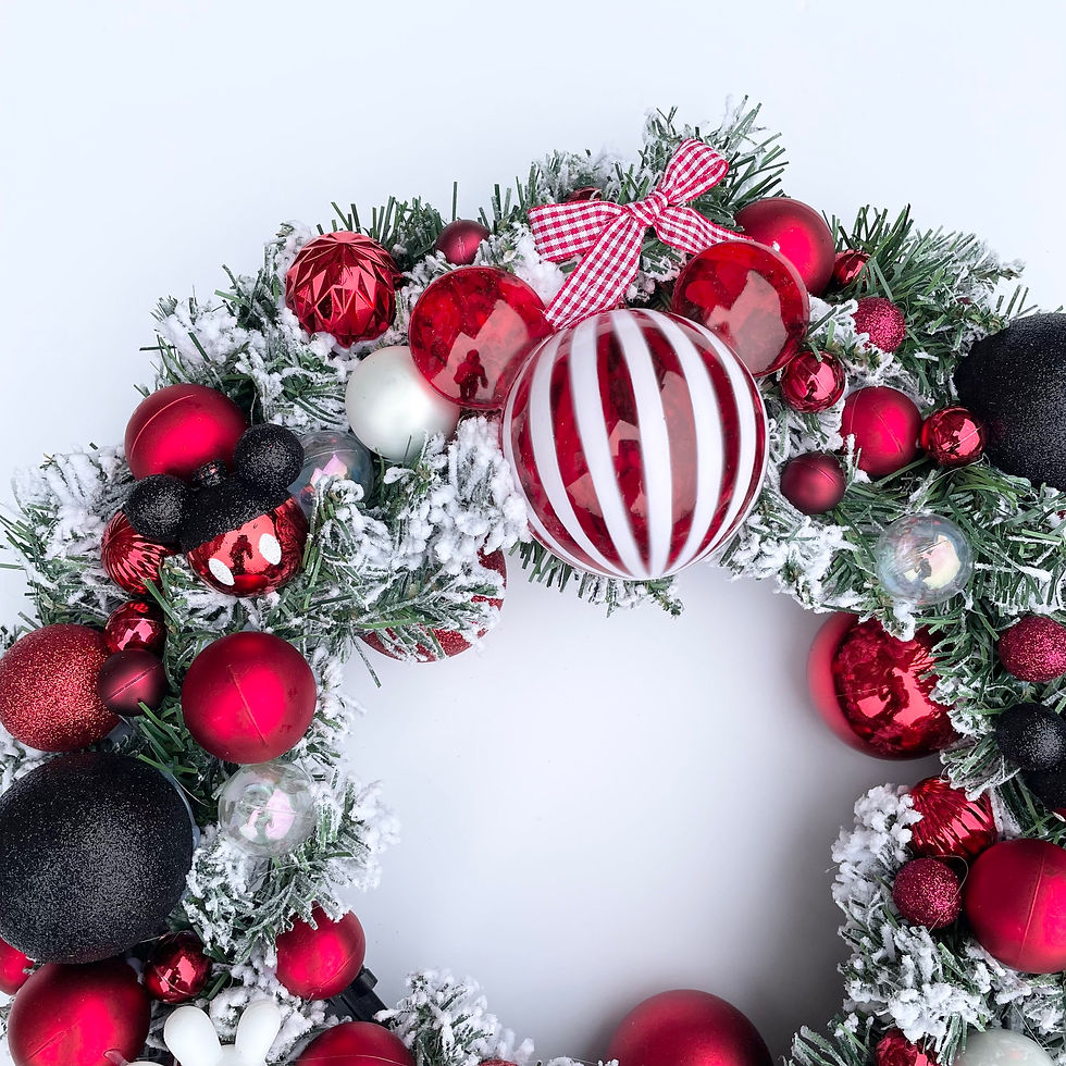 Thumbnail: Handmade Pre-Lit Snowy Mickey Mouse Red, White and Black Artificial Wreath