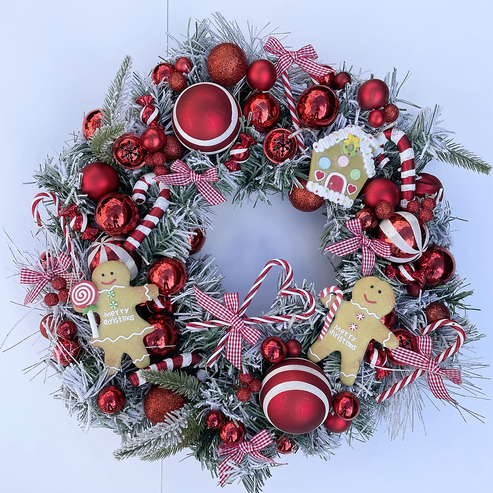 Thumbnail: Large Pre - Lit Handmade Gingerbread and Candy Cane Wreath.