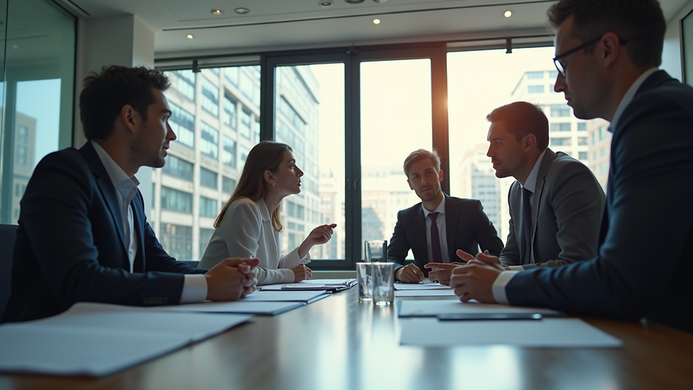Eye-level view of a business team discussing ERP system selection around a conference table