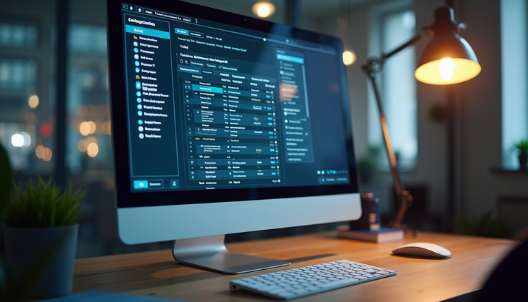 Eye-level view of a modern workspace with a computer screen displaying JD Edwards software interface